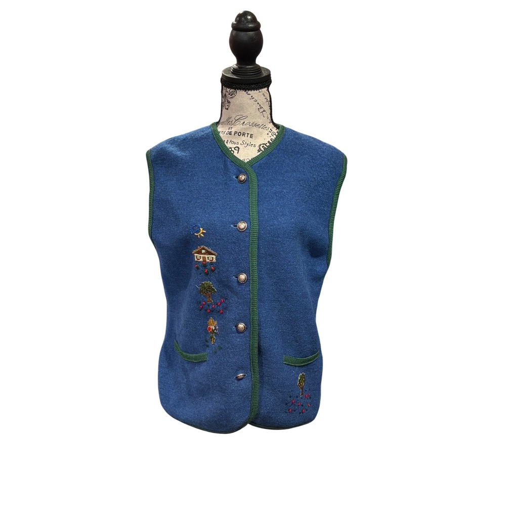 Vintage Pure New Wool Embroidered Tyrolean Vest Blue Boiled Wool Folk
